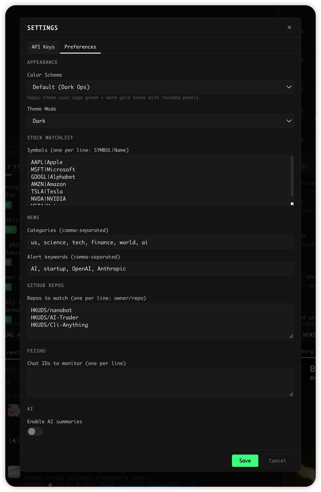 Settings – Preferences