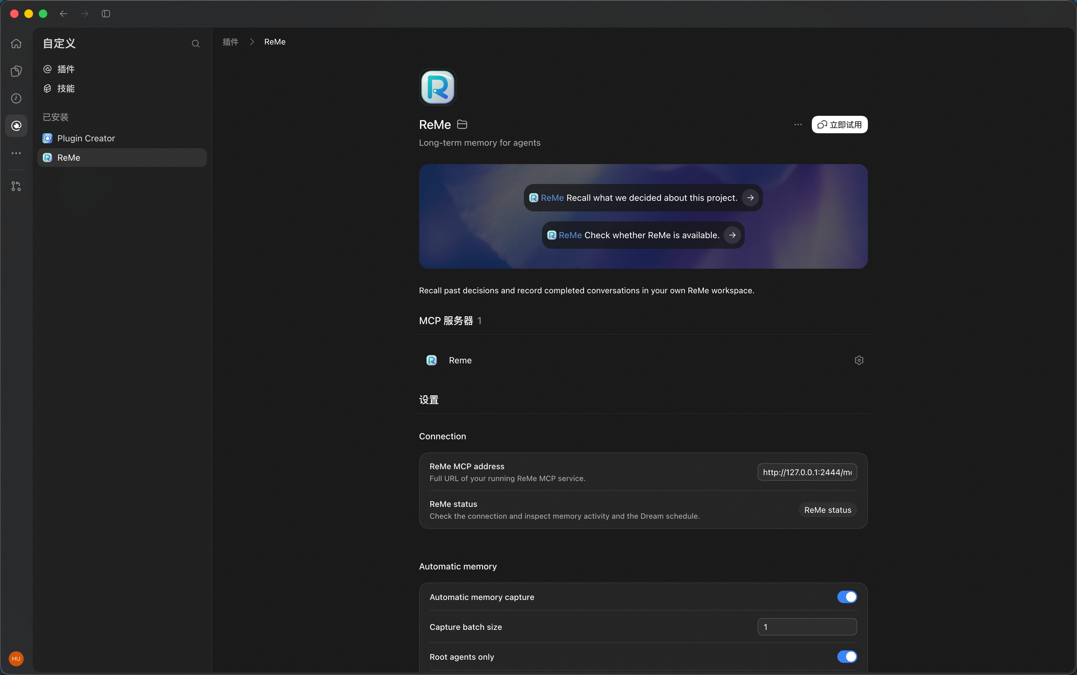 Installed ReMe details and MCP settings entry in Codex