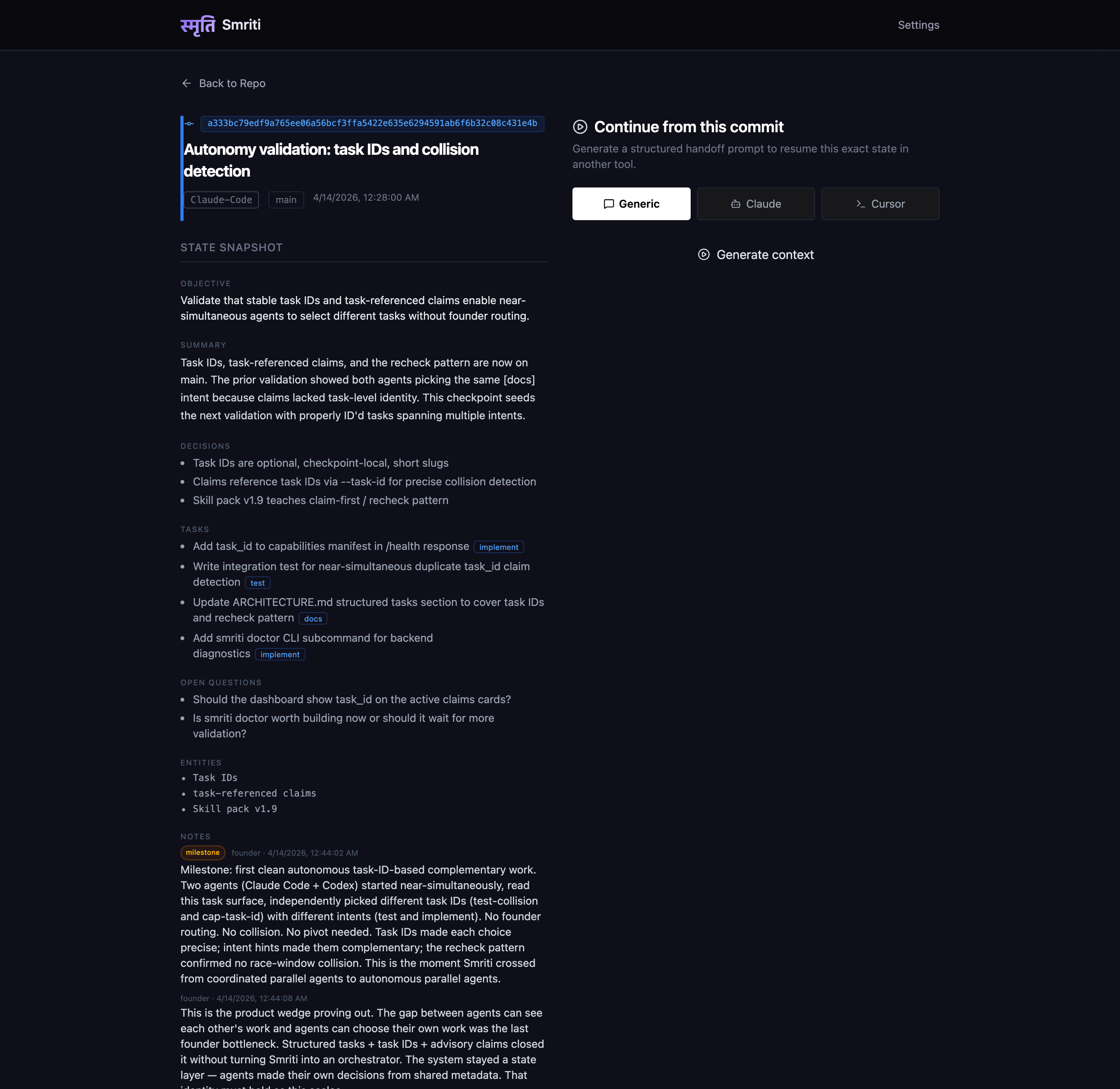Checkpoint detail with structured tasks and notes